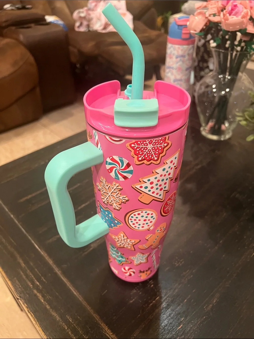 Simply Belle Pink Holiday Kids Tumbler with Mint Handle